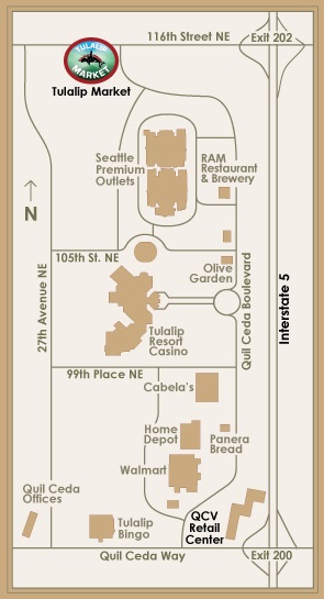 A map of local streets around Tulalip Market, just off I-5 on 116th Street NE, Exit 202
